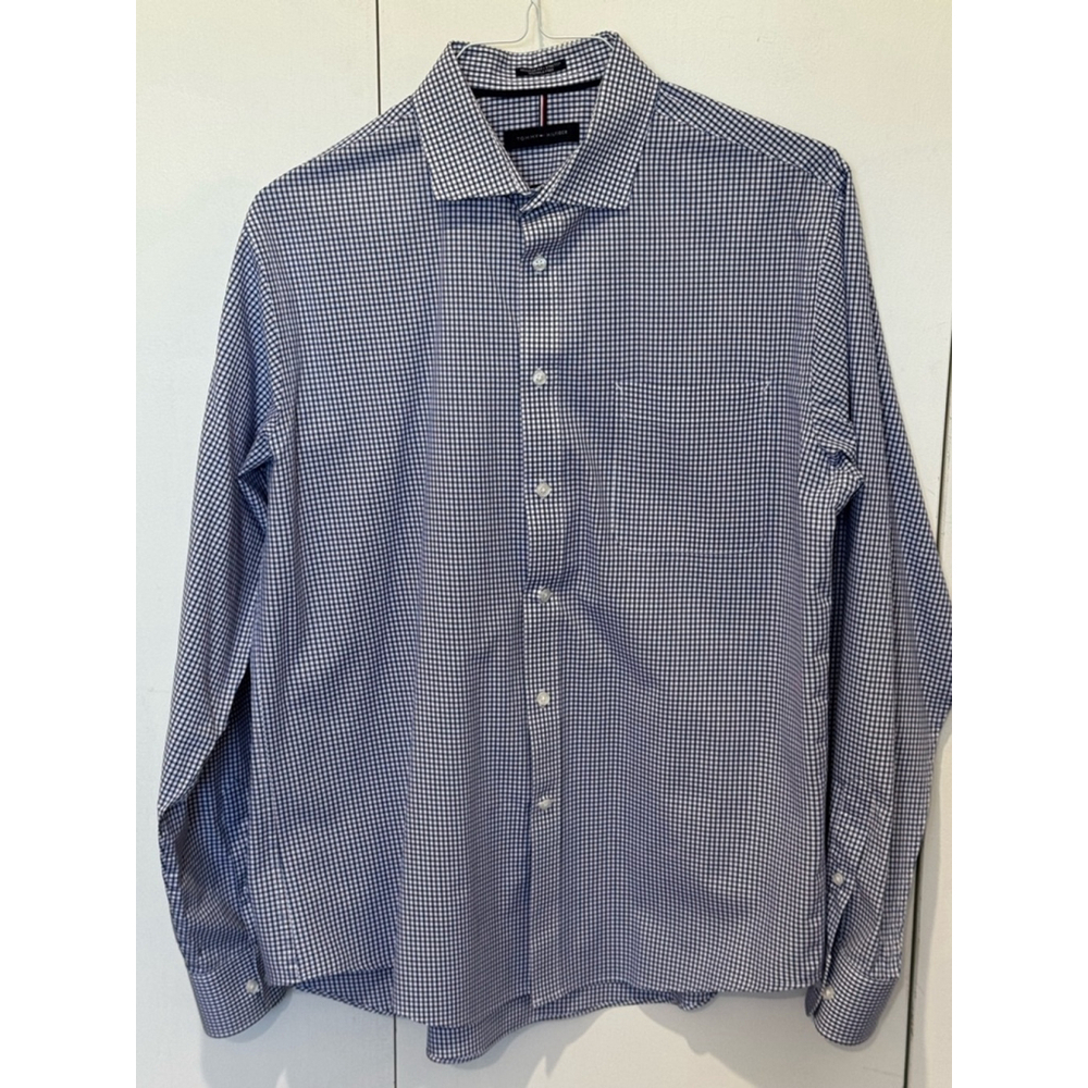 Men's Tommy Hilfiger button down long sleeve Dress Shirt Size L Blue Checkered